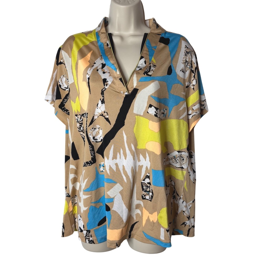 Jamie Sadock Top Women XL Artsy‎ Faux Zip V-Neck Golf Pickleball Tennis Colorful